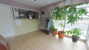 A clean, well-lit room with a reception desk, a cash register, and a large window with a view of the street. There are two potted plants on the windowsill. - Budget Lodge (Chesapeake)