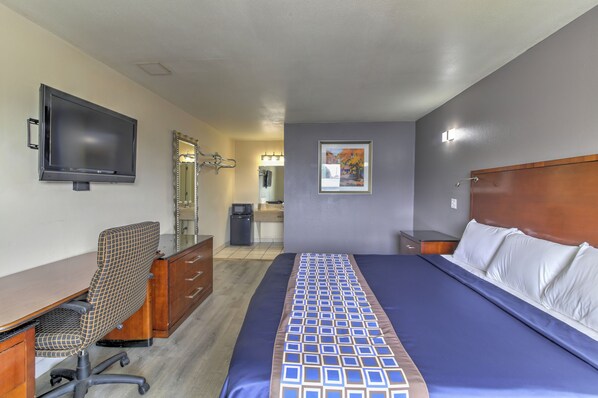 Desk, blackout curtains, soundproofing, iron/ironing board