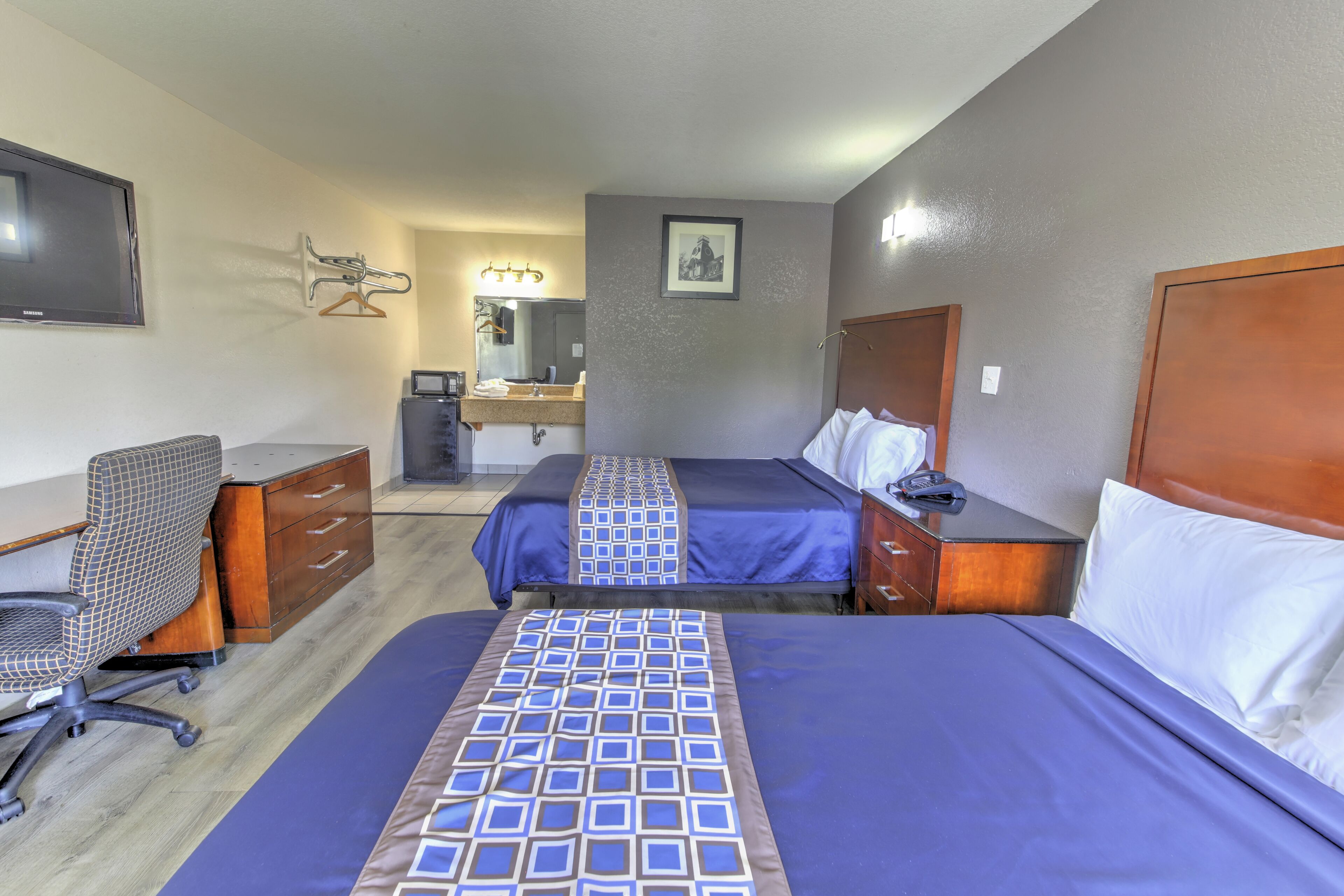 Desk, blackout curtains, soundproofing, iron/ironing board