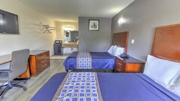 Desk, blackout drapes, soundproofing, iron/ironing board