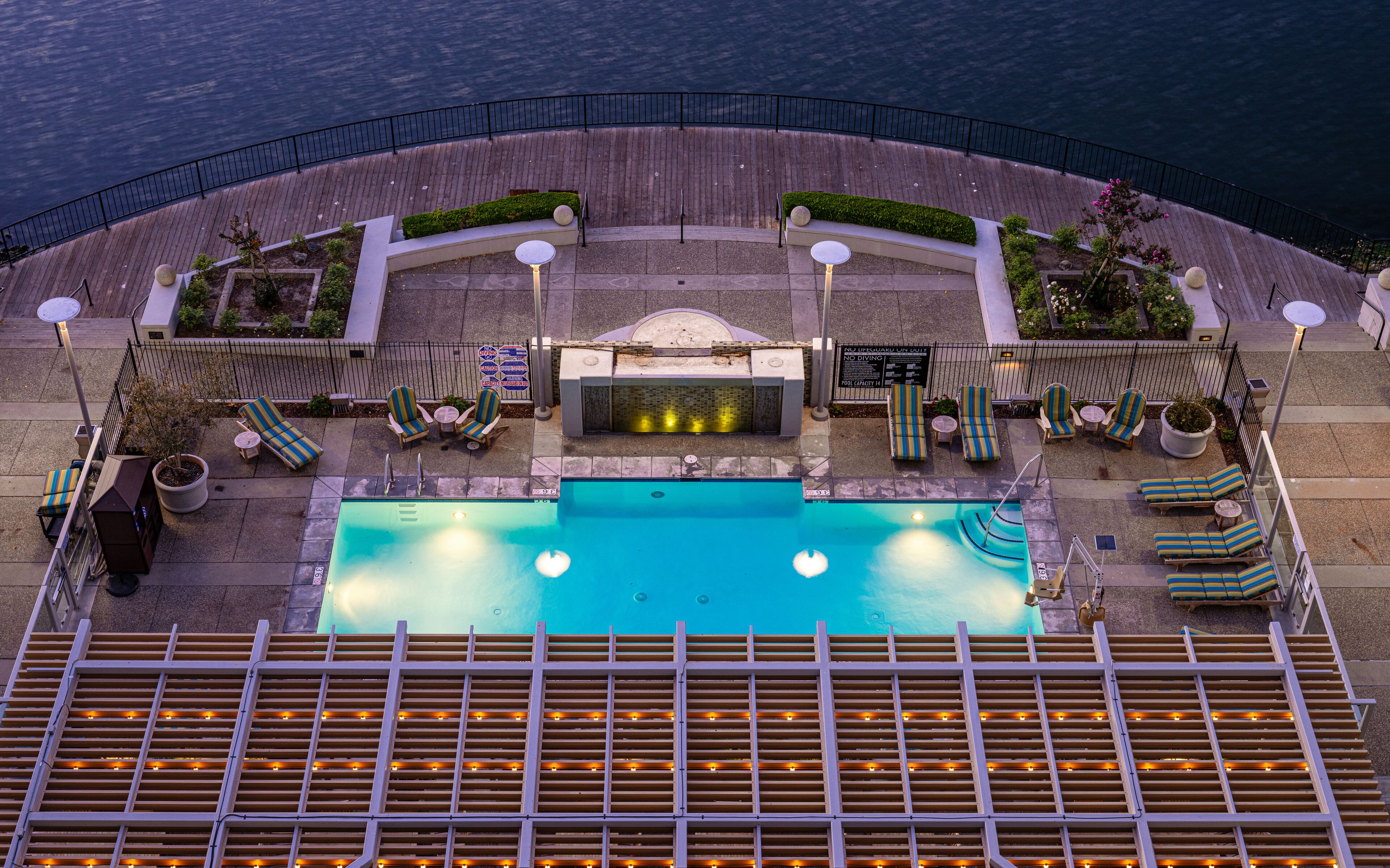 outdoor pool, pool loungers