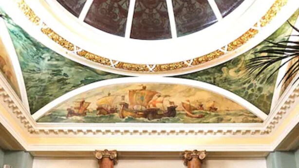 A grand hall with a high ceiling, a central mirror, and a decorative ceiling mural. - The Queens Hotel (Portsmouth)