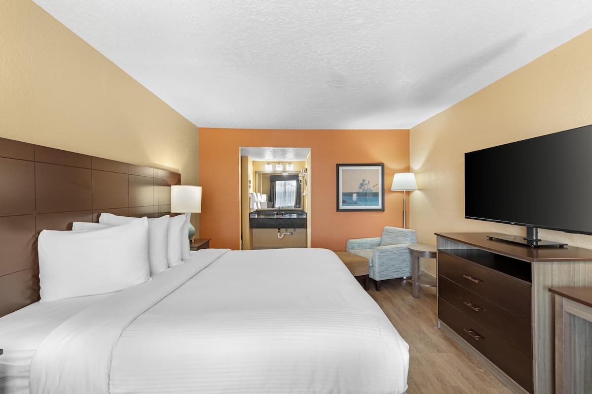 A hotel room with a large bed, a television, a desk, and a chair.