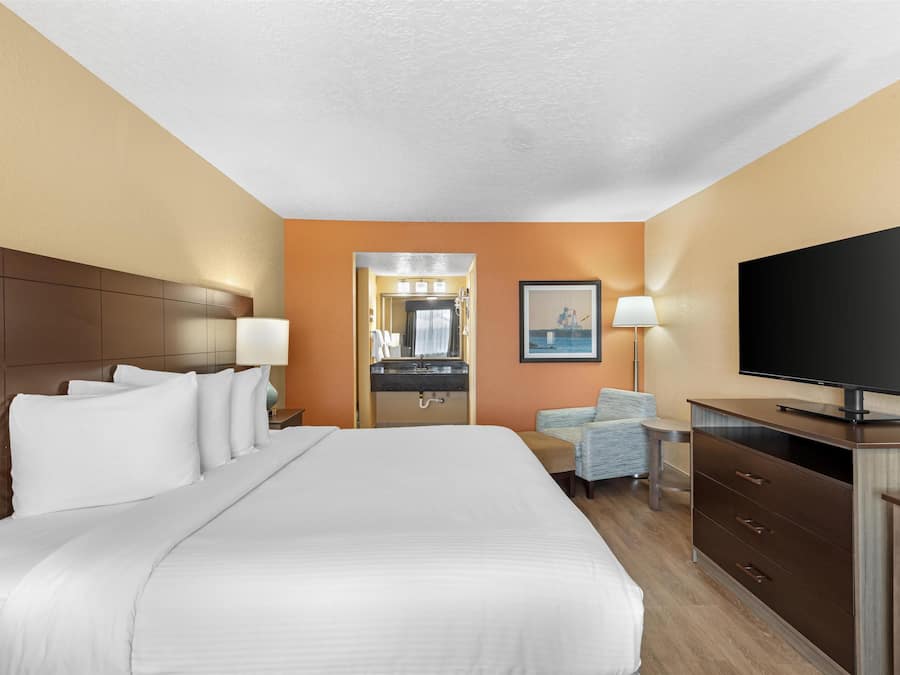 A hotel room with a large bed, a television, a desk, and a chair.