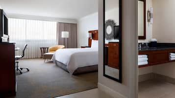 Premium bedding, pillowtop beds, desk, laptop workspace