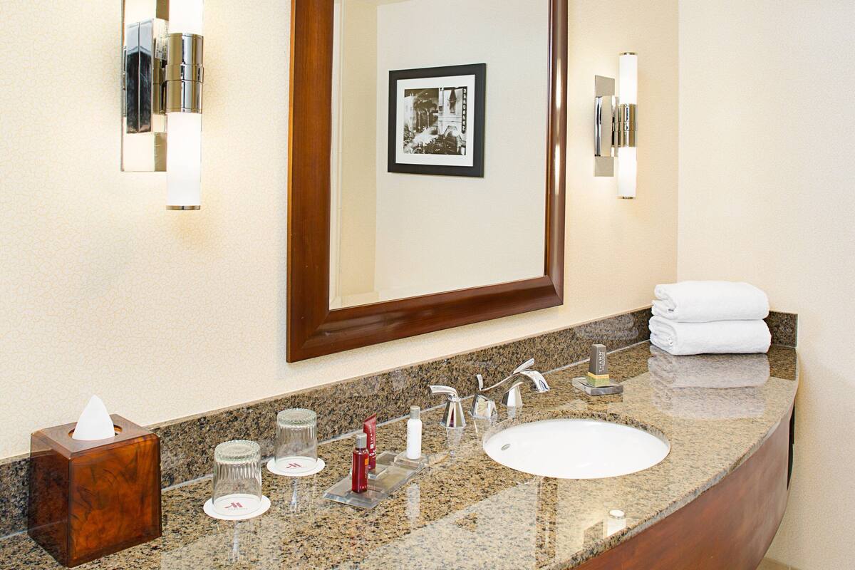 combined shower/bathtub, designer toiletries, hair dryer, towels