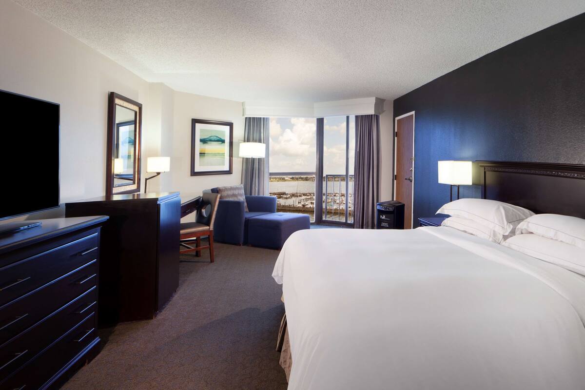 A hotel room with a large bed, a TV, a desk, and a chair. There is a window with a view of the outside.
