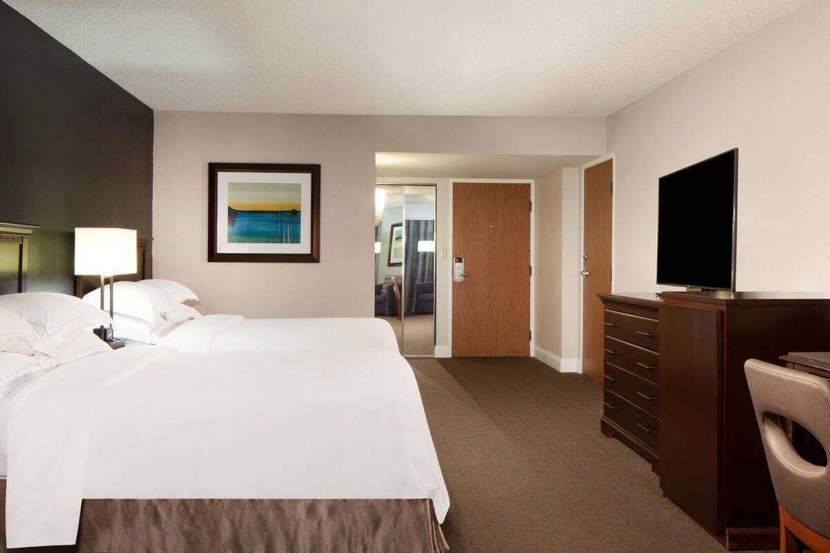 Quarto de hotel com uma cama, televisão, cômoda e um quadro na parede.