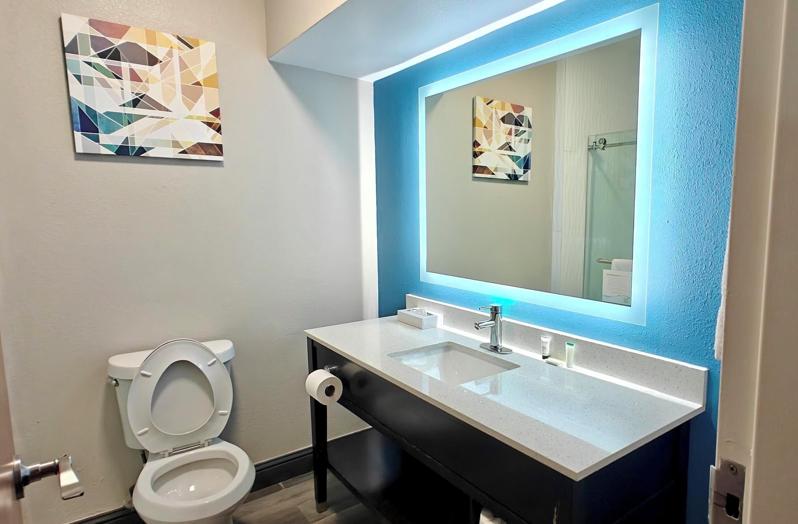 A bathroom with a toilet, a sink, a mirror, and two abstract wall art pieces.