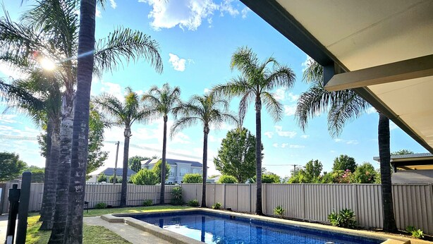 A swimming pool with a wooden deck and palm trees. - Wyndhamere Motel Shepparton (Shepparton)