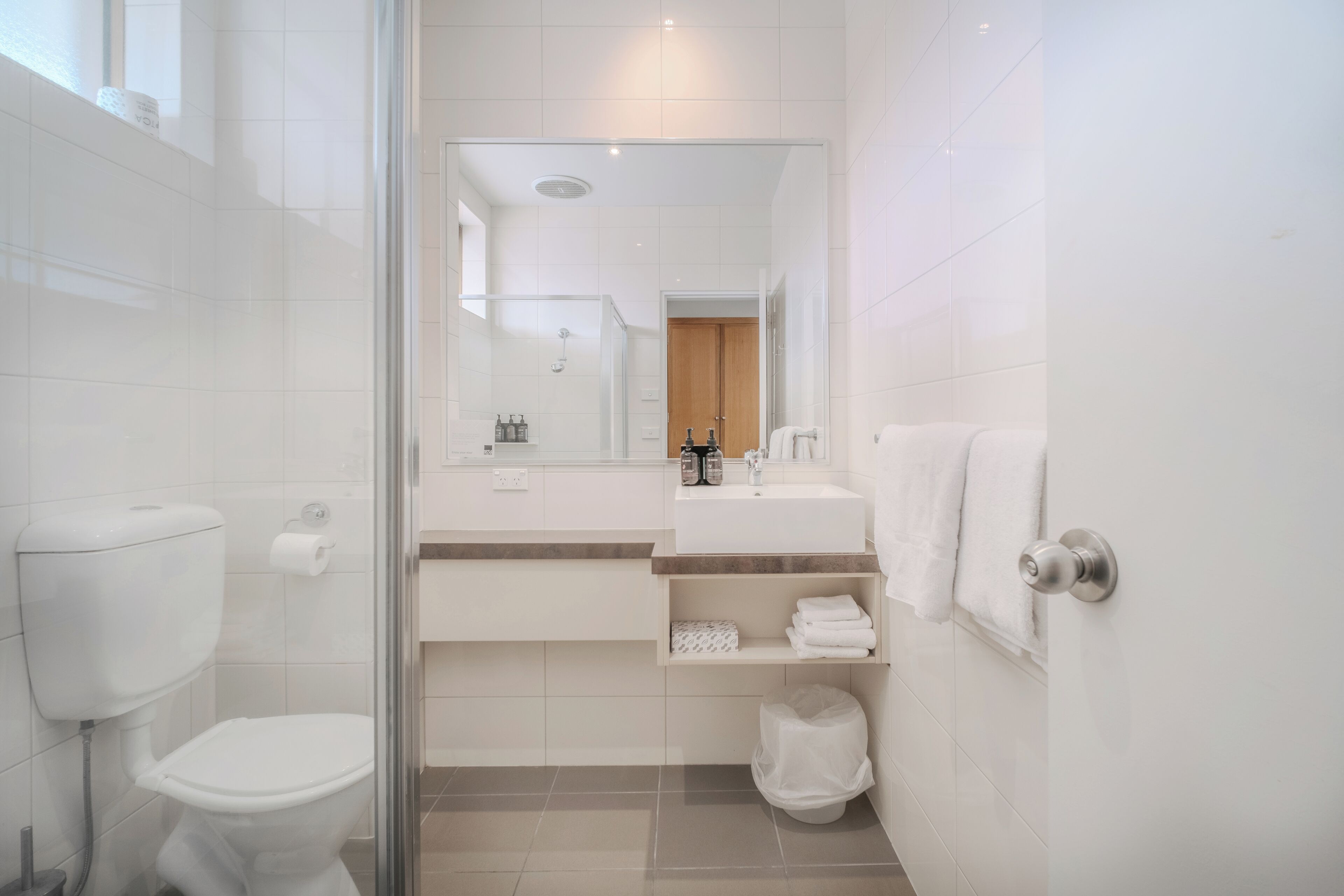 A modern bathroom with a glass shower enclosure, a white toilet, a sink with a mirror above it, and a towel rack.