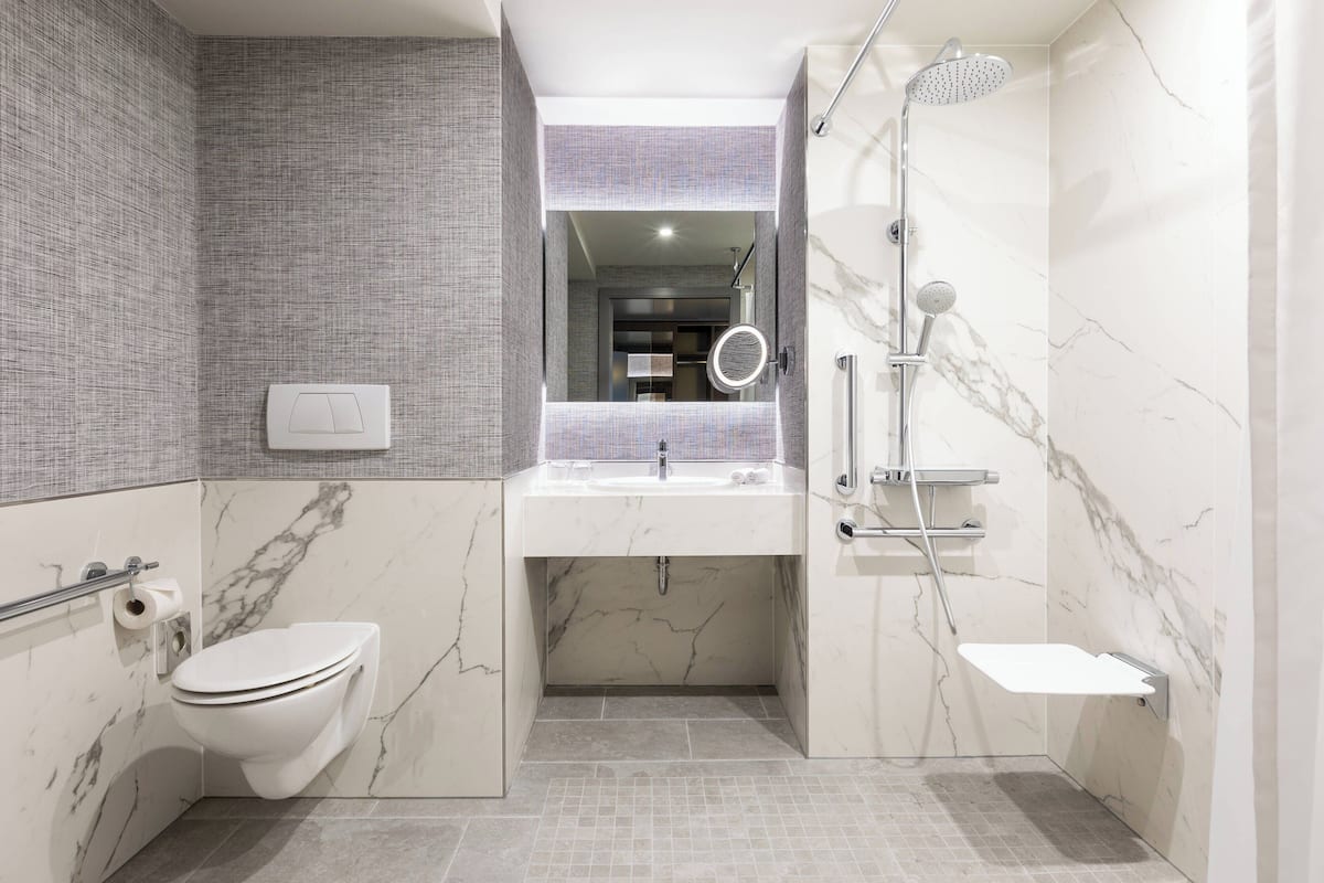 eco-friendly toiletries, hair dryer, towels, soap