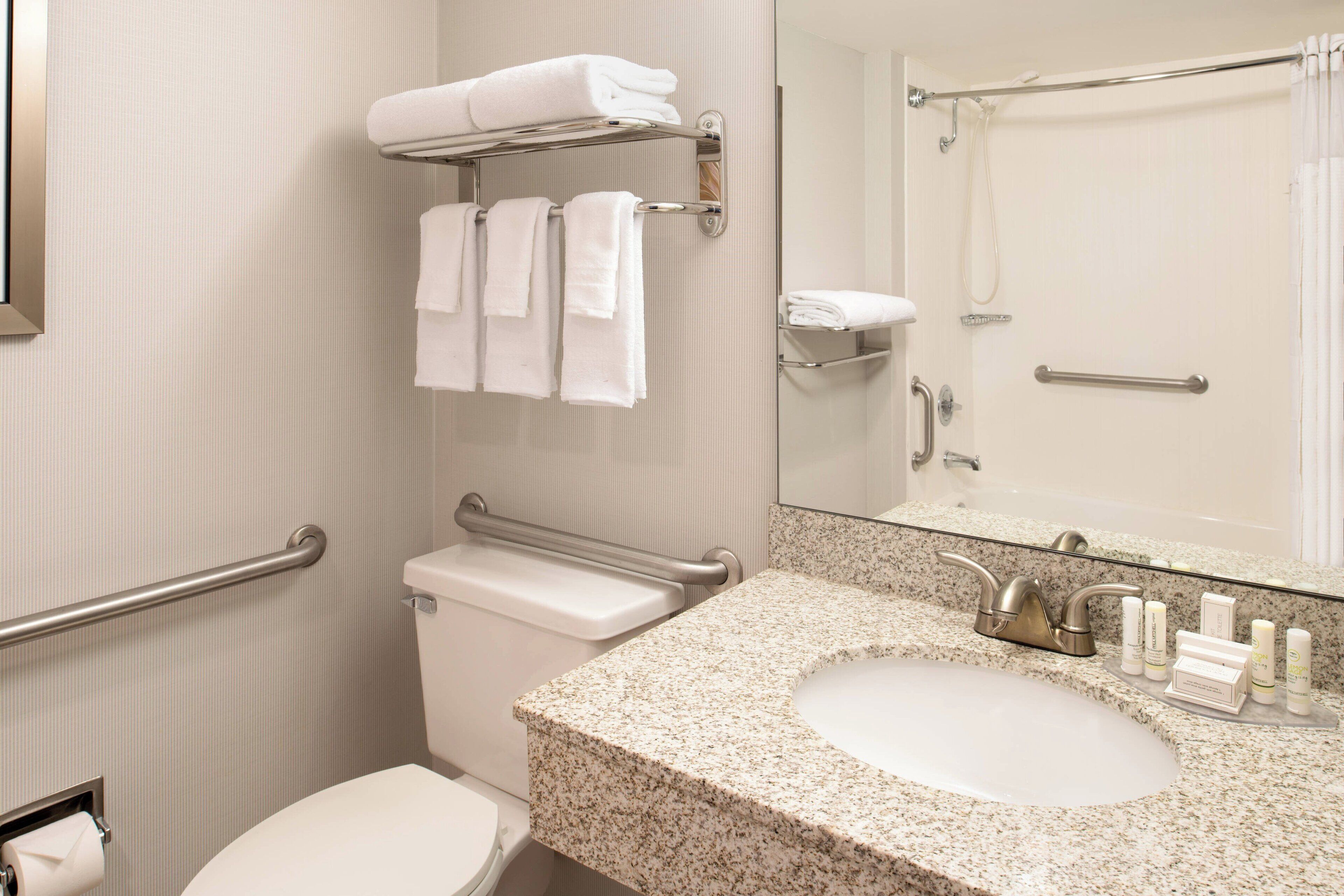 combined shower/bathtub, free toiletries, hair dryer, towels