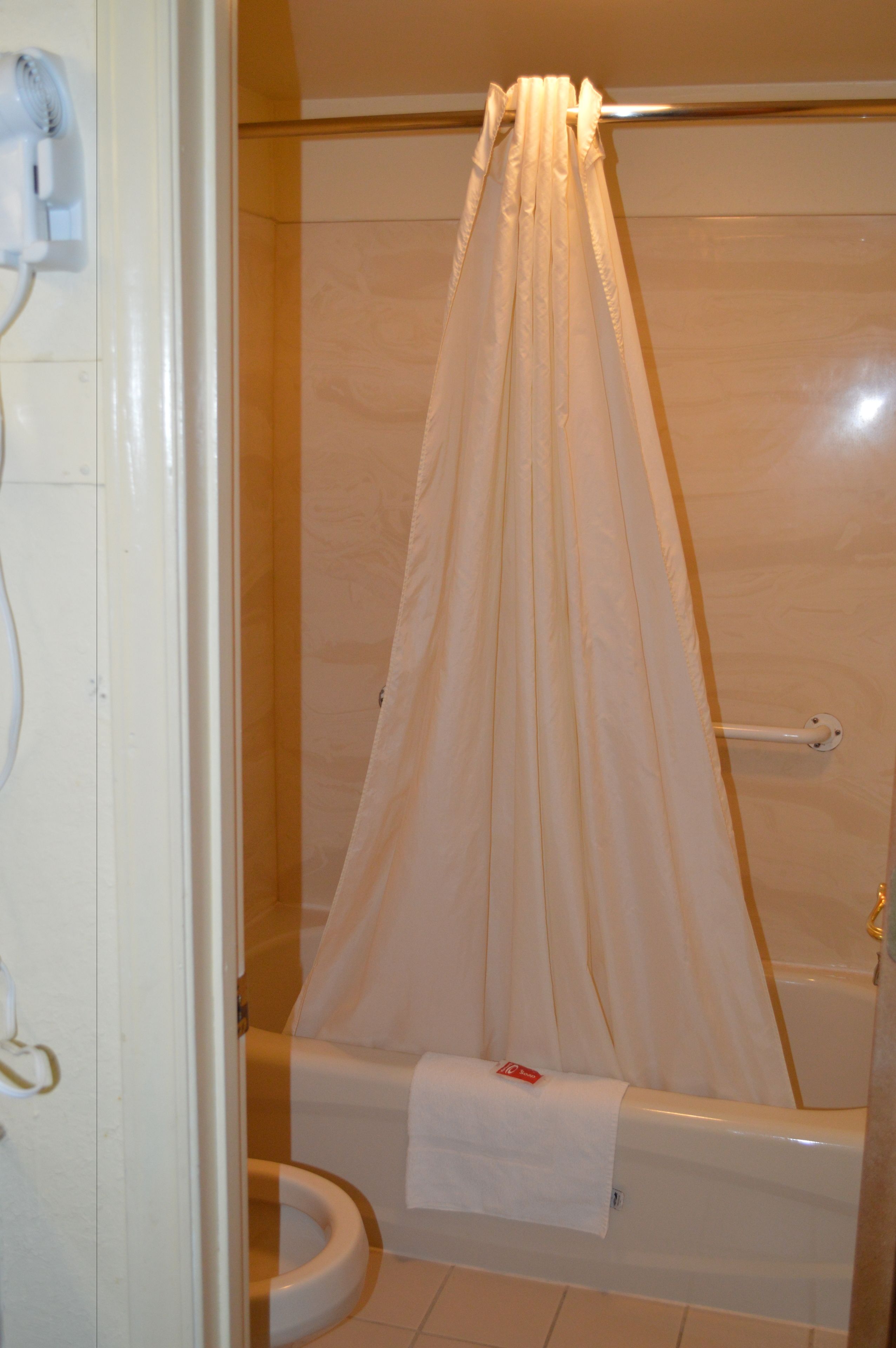 Un bagno con una vasca, il water e una tenda da doccia.
