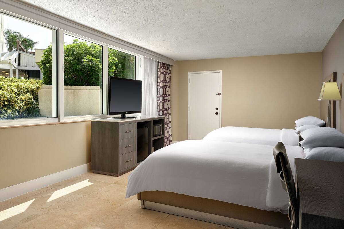 A hotel room with a bed, a desk with a television, a door, and a window with a view of greenery.