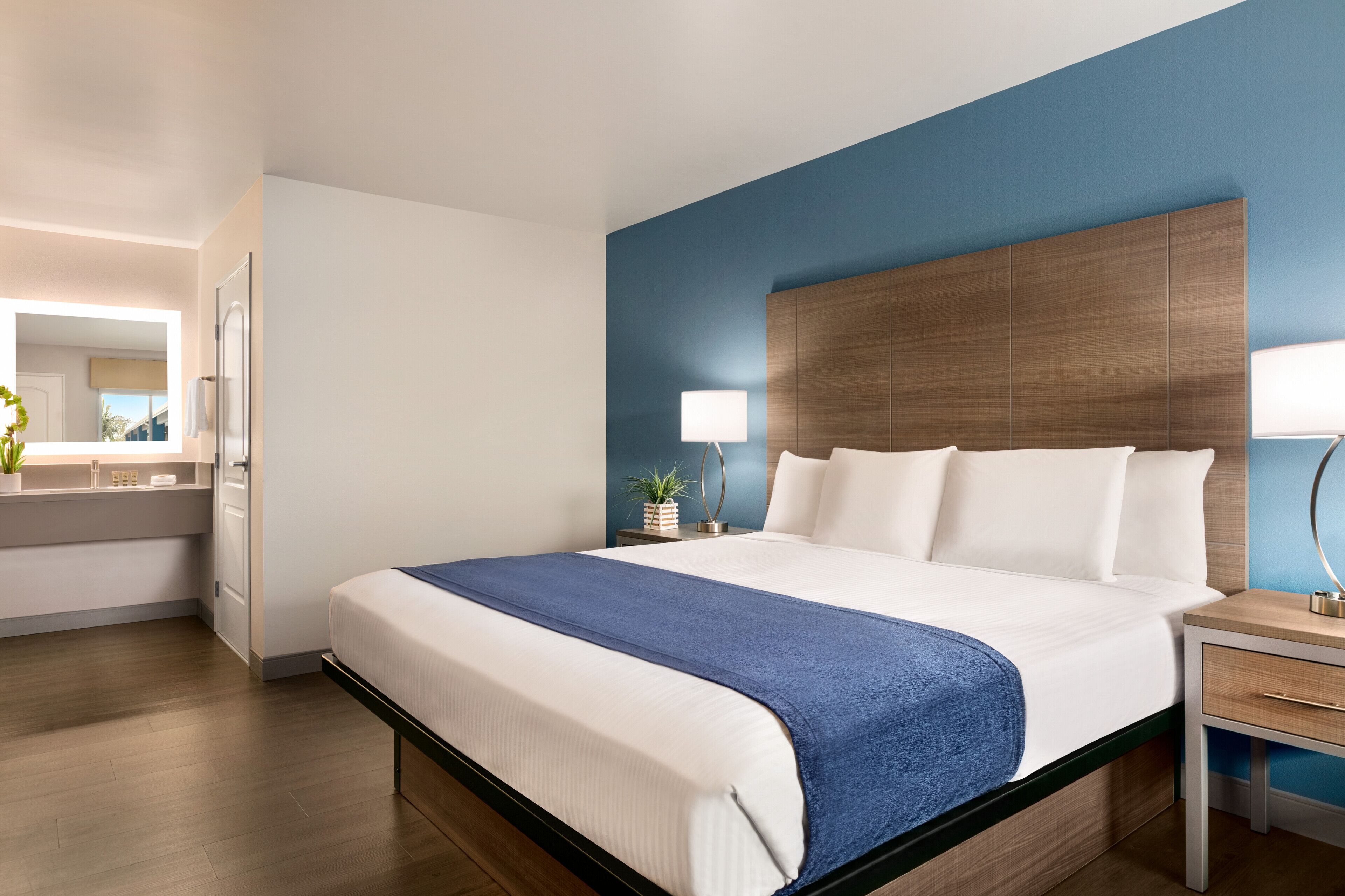 A modern hotel room with a large bed, a wooden headboard, a bedside table with a lamp, and a small plant.