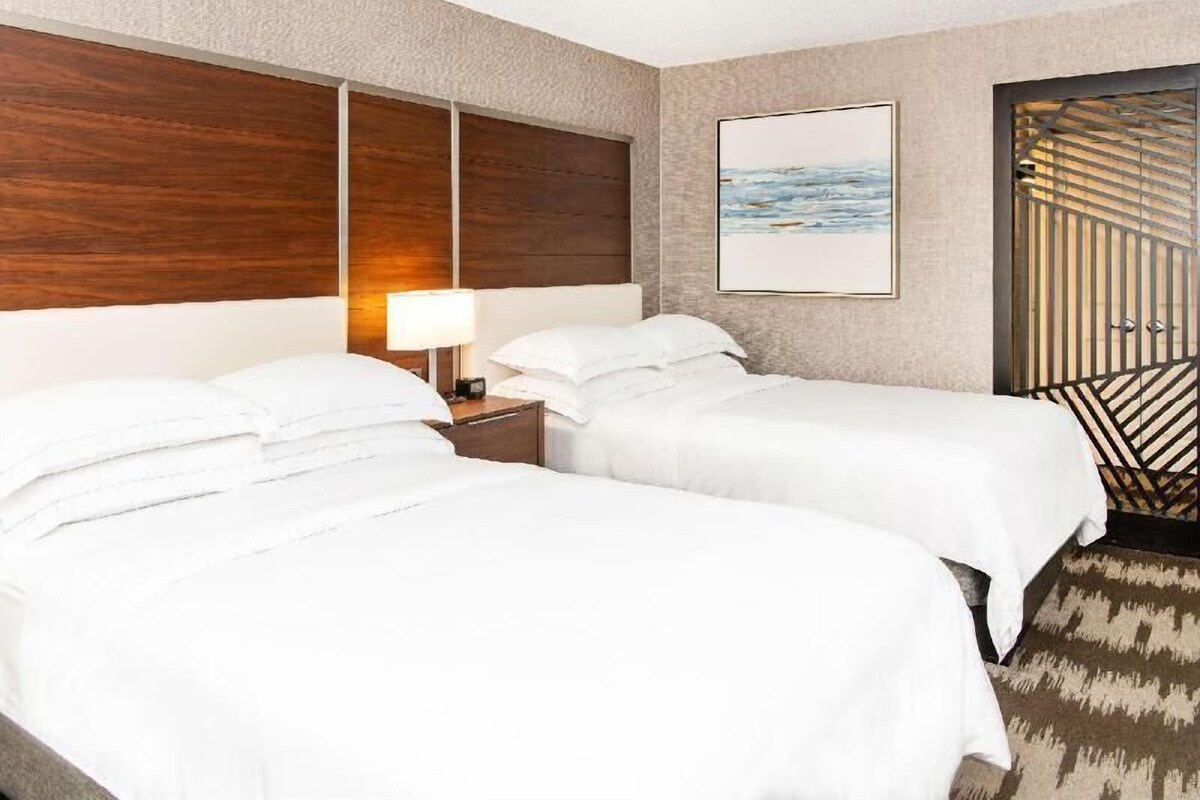 Habitación de hotel con dos camas, una mesita de noche, una lámpara, un cuadro enmarcado en la pared y una alfombra estampada.