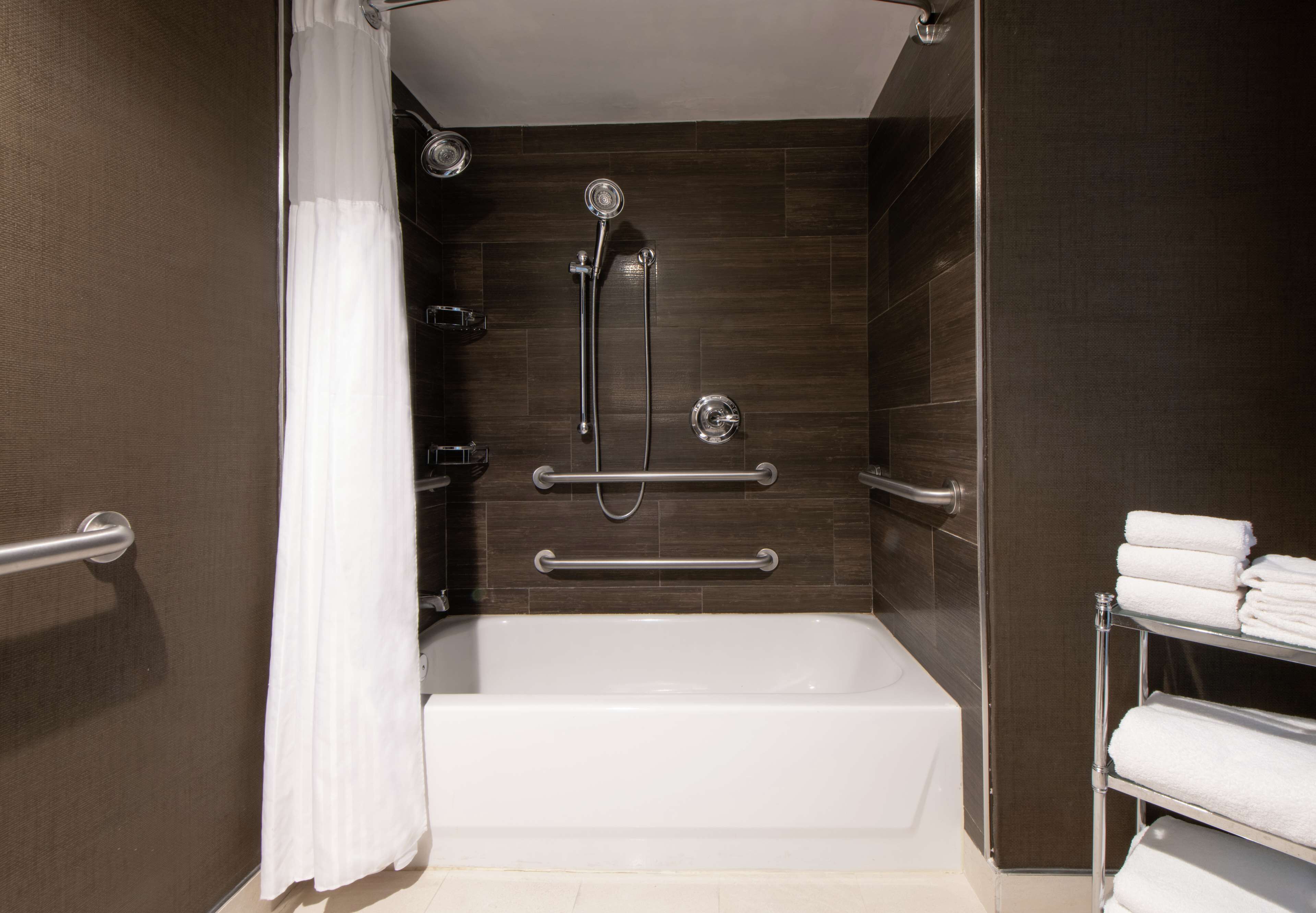 Une salle de bain moderne équipée d’une baignoire, d’une douche et de barres d’appui.