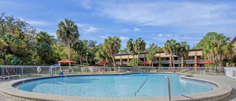 A circular pool with a metal ladder, surrounded by a paved walkway and palm trees.