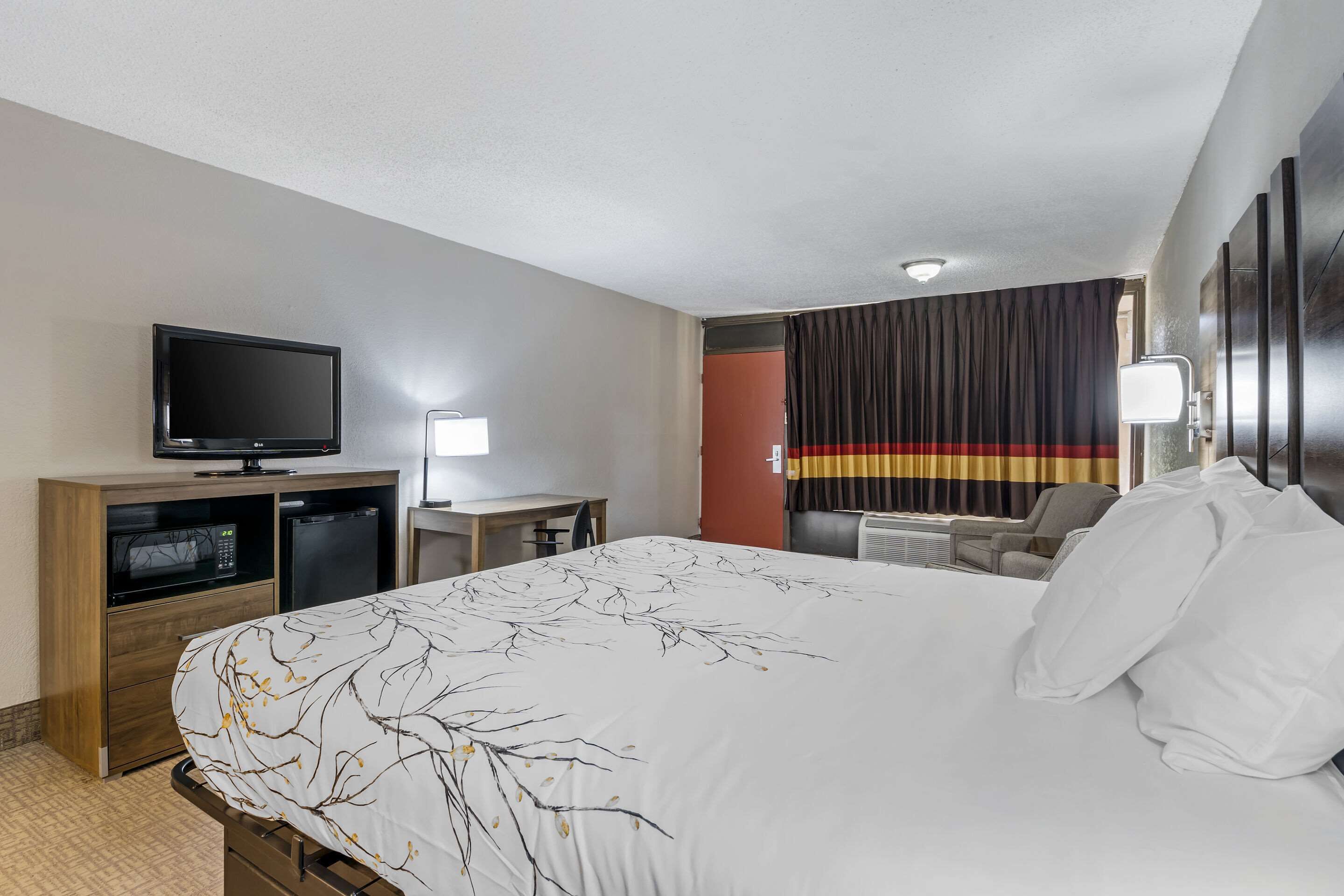 A hotel room with a bed, a desk, a television, a microwave, and a small refrigerator.