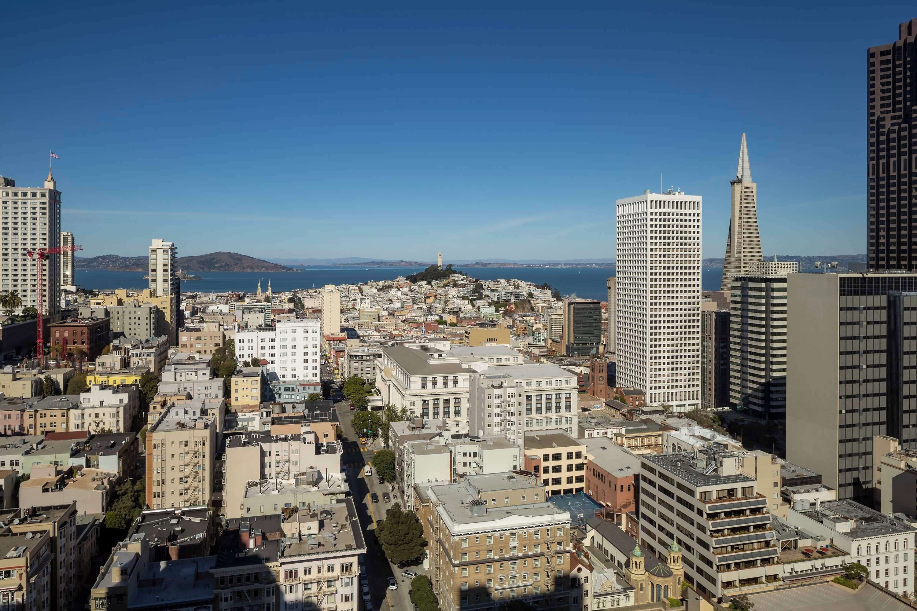 A cityscape with a variety of building types, including high-rise buildings and mid-rise structures, with a clear view of the surrounding area.