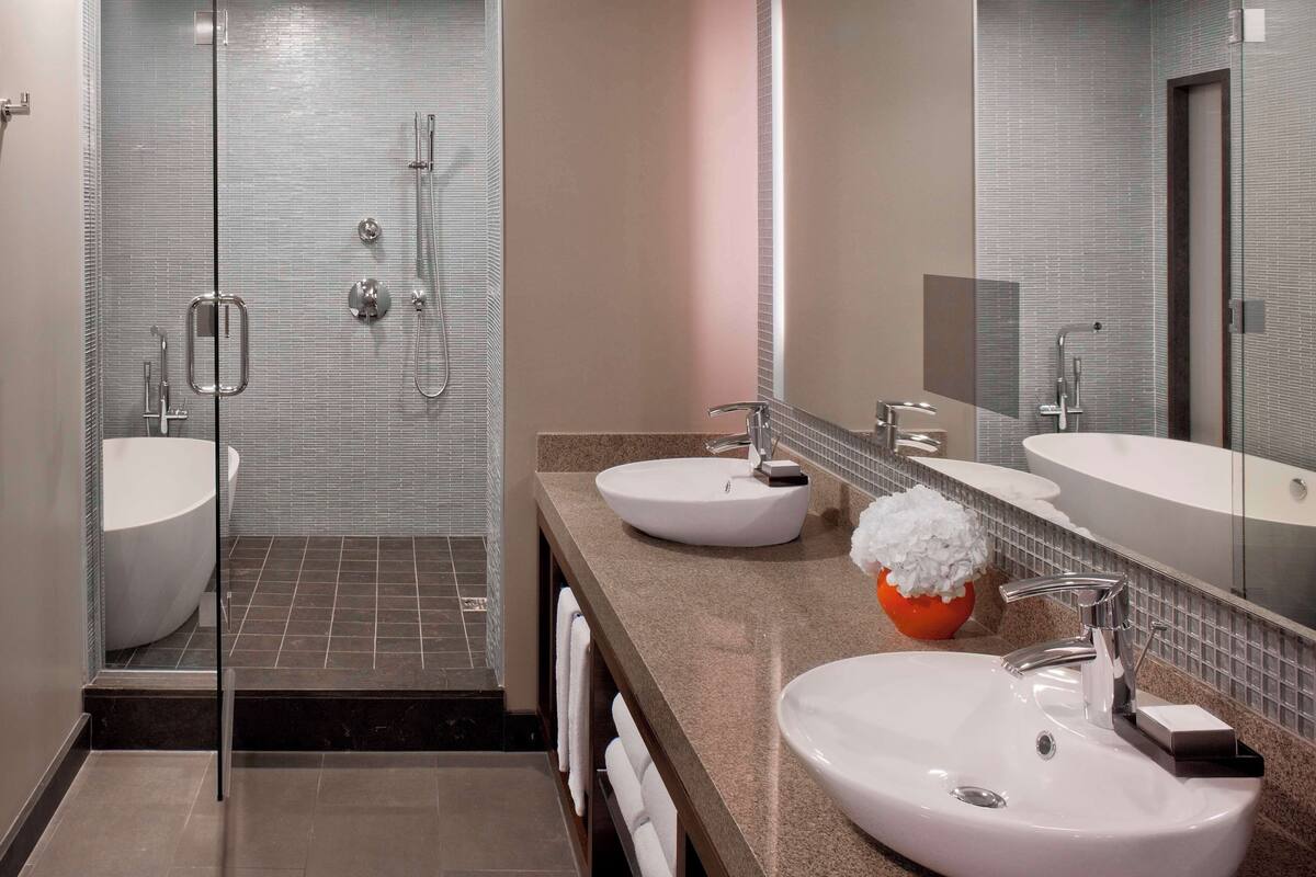 A modern bathroom with two sinks, a glass shower enclosure, and a large mirror.