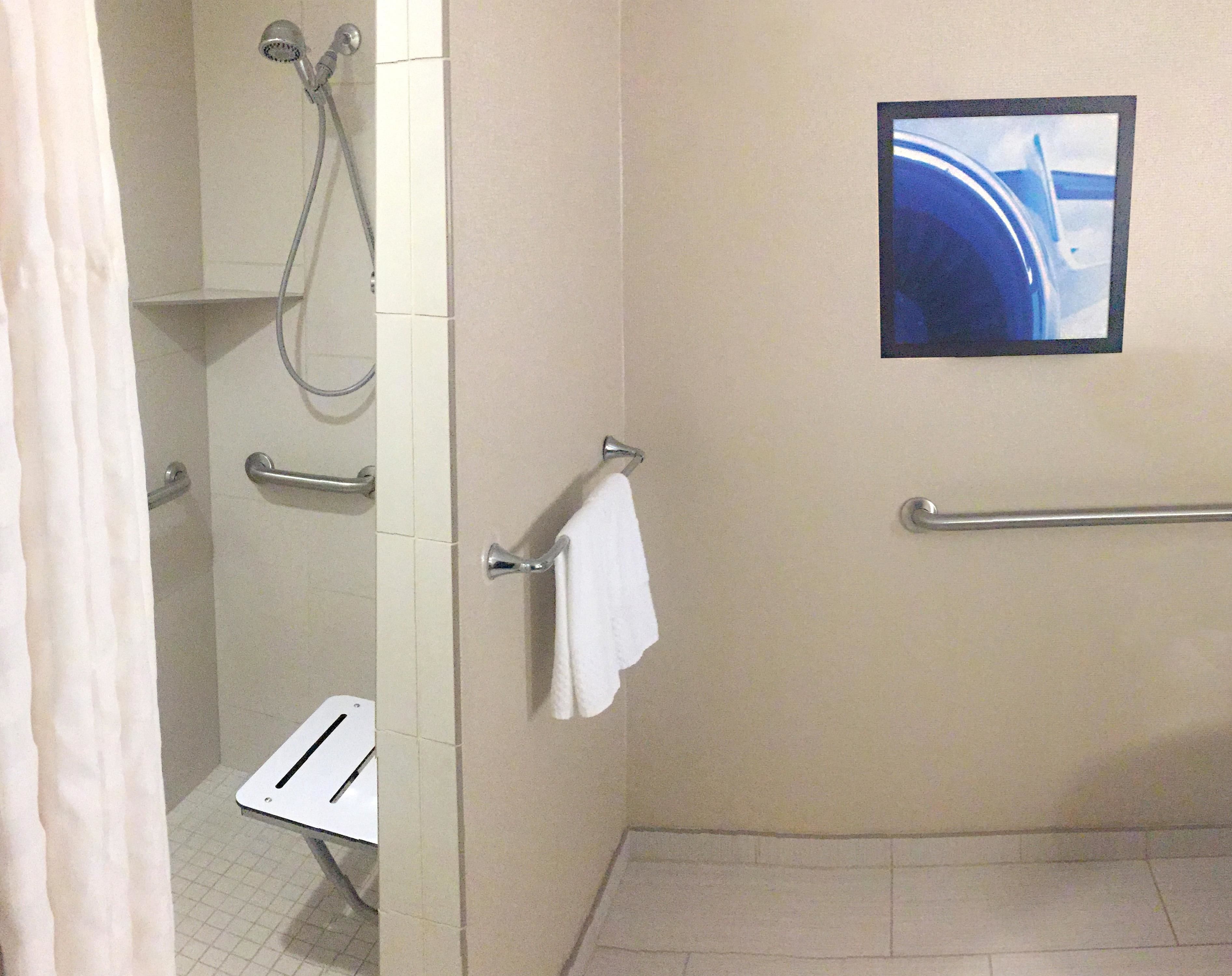 combined shower/bathtub, designer toiletries, hair dryer, towels