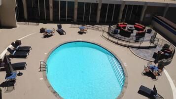 Outdoor pool, pool umbrellas, pool loungers