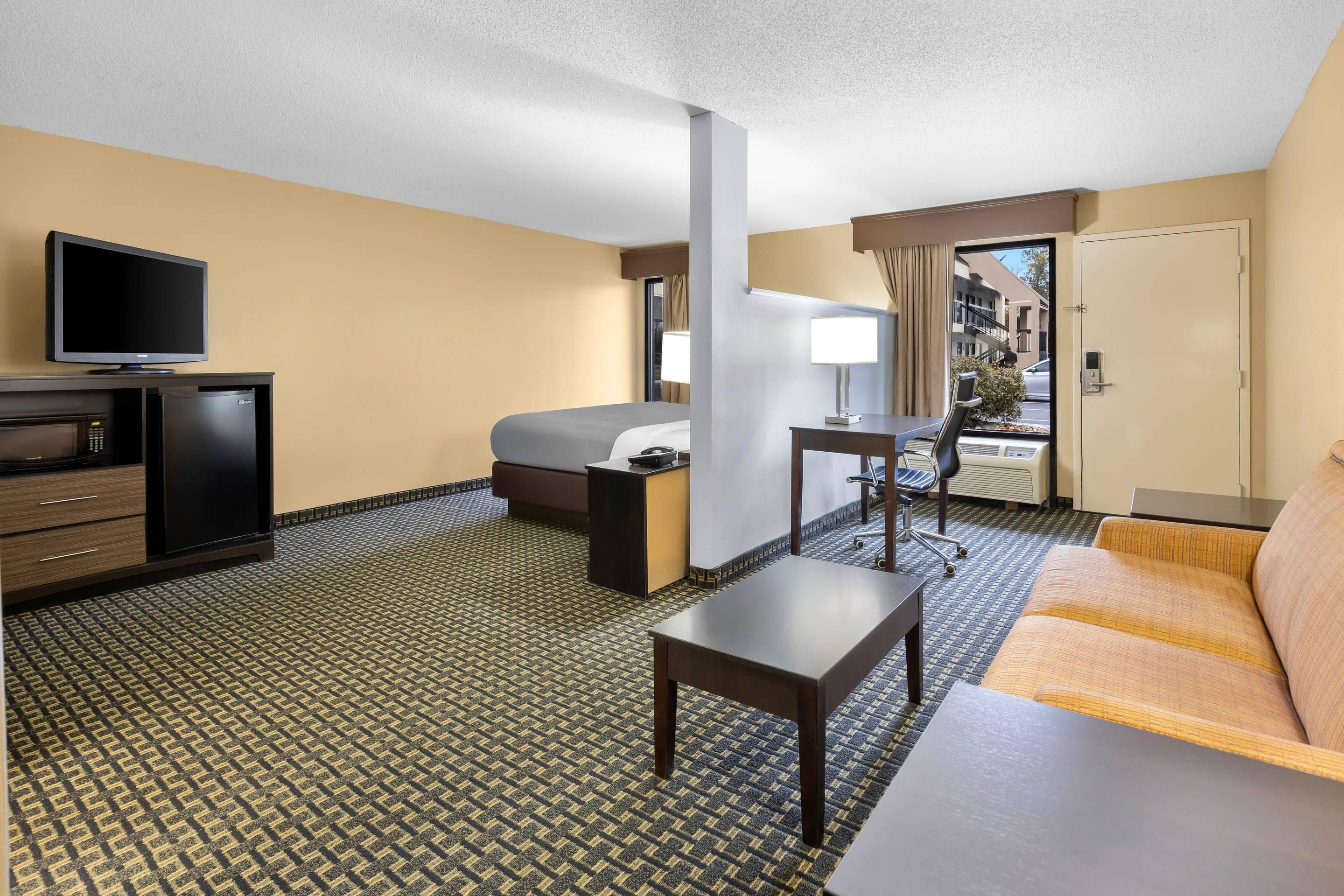 A hotel room with a bed, a desk, a TV, a sofa, and a small table.