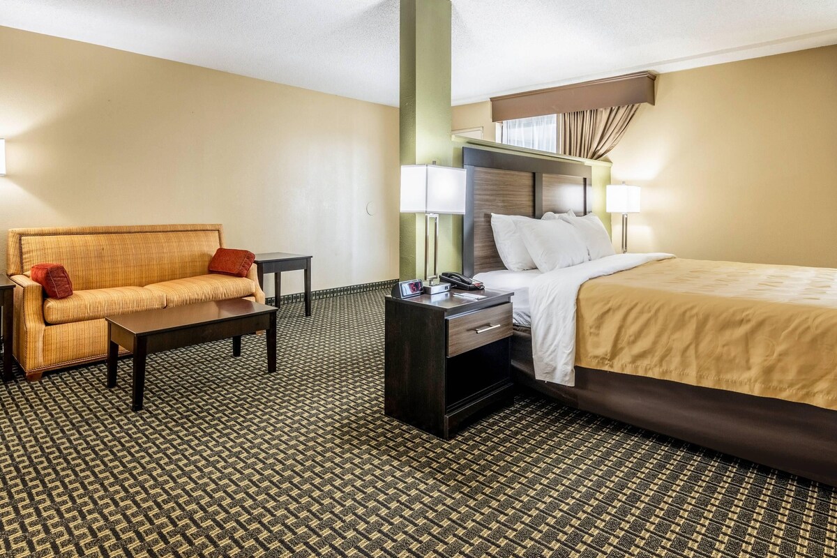 A hotel room with a bed, a sofa, a nightstand, and a lamp.