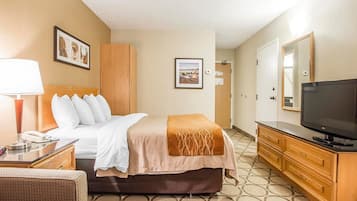 Una habitación de hotel con cama, escritorio con lámpara, televisor y cómoda.