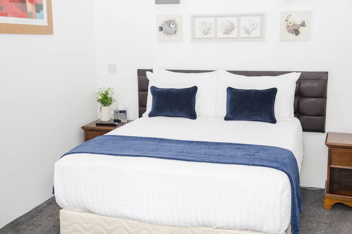 A neatly made bed with a blue blanket and two pillows, a bedside table with a plant, and a wall with framed artwork.