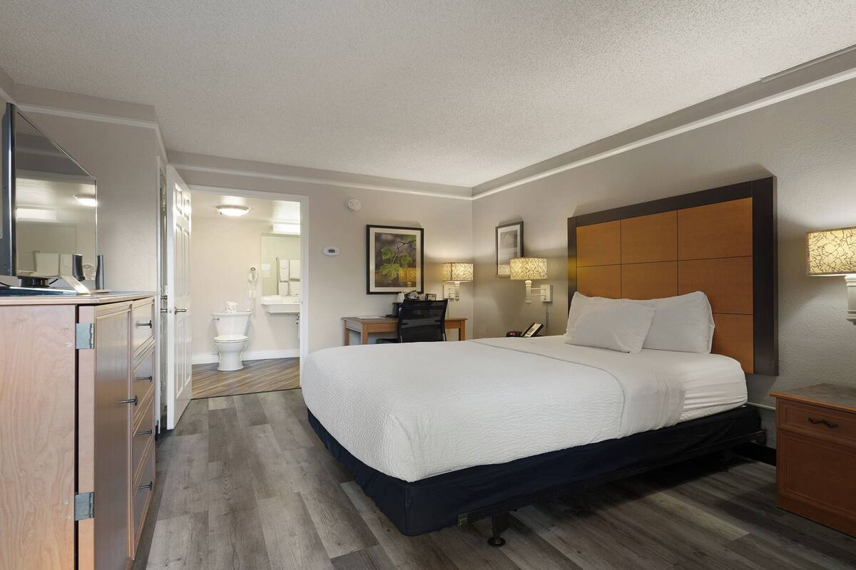 Een hotelkamer met een bed, nachtkastje, bureau, stoel en een badkamer die door een open deur zichtbaar is.