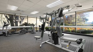 Une salle de sport équipée de divers appareils d’exercice, dotée de grandes fenêtres et offrant une vue sur les arbres.