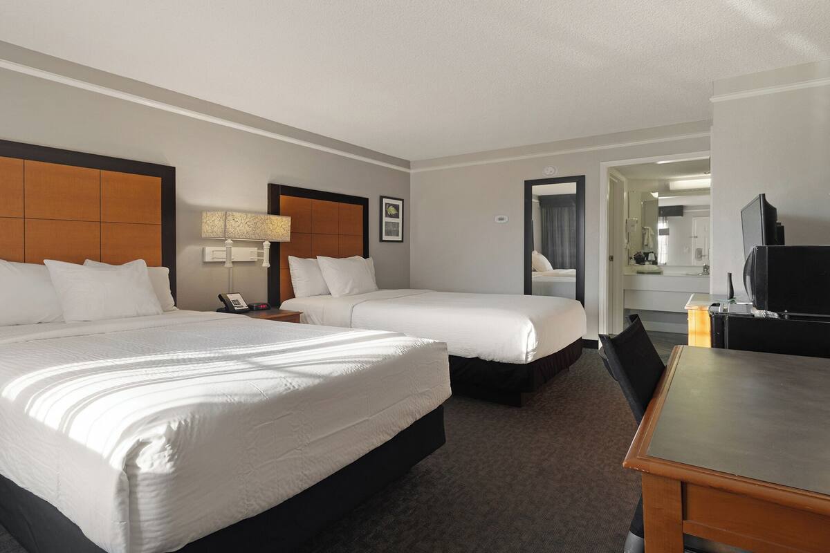 Een hotelkamer met twee bedden, een bureau, een stoel, een lamp en een televisie.