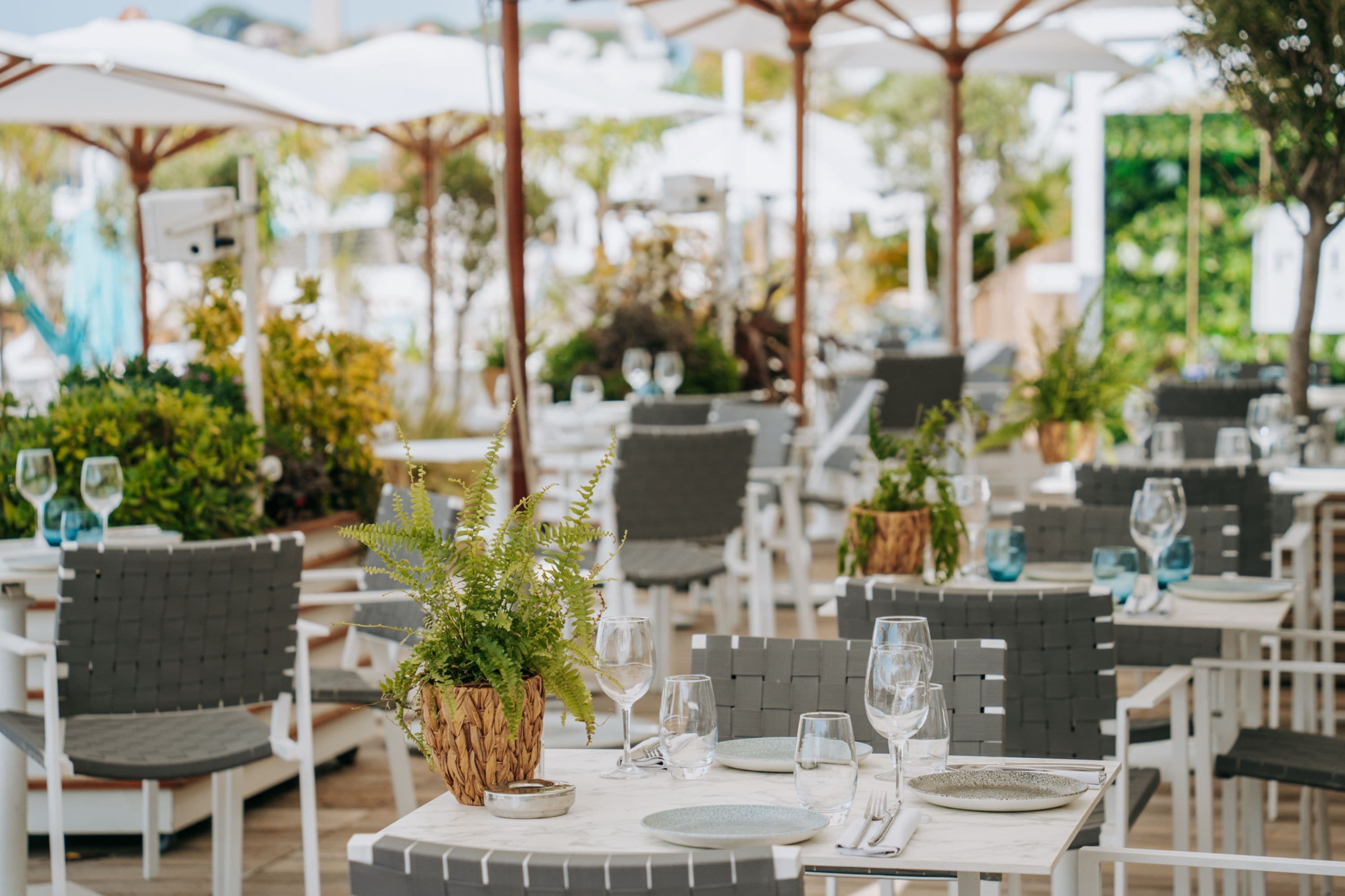 An outdoor dining area with white tables and grey chairs, each set with plates, cutlery, and wine glasses.