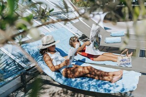 Outdoor pool, pool umbrellas, pool loungers