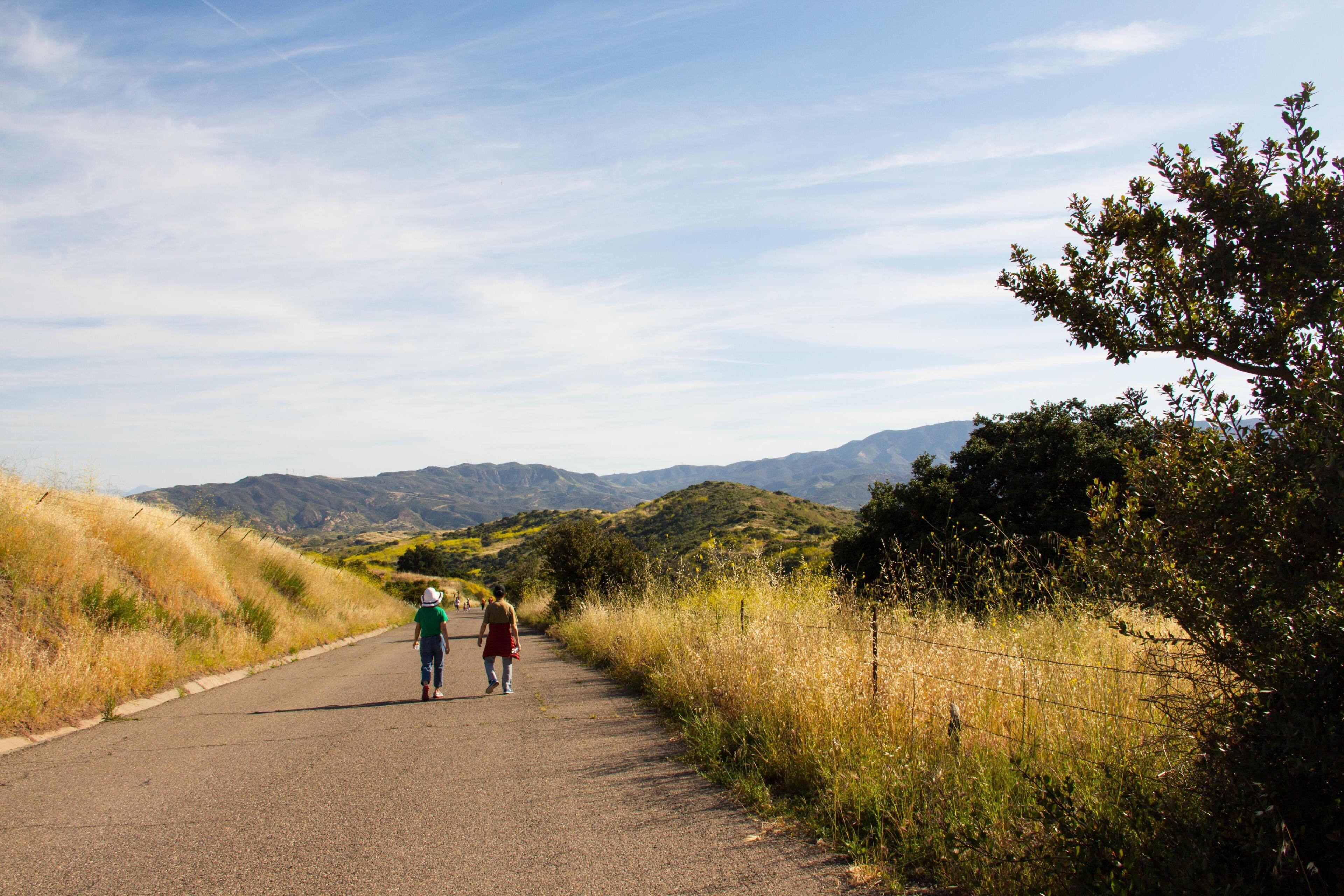 A paved road with grassy areas on both sides, a clear sky, and distant hills.