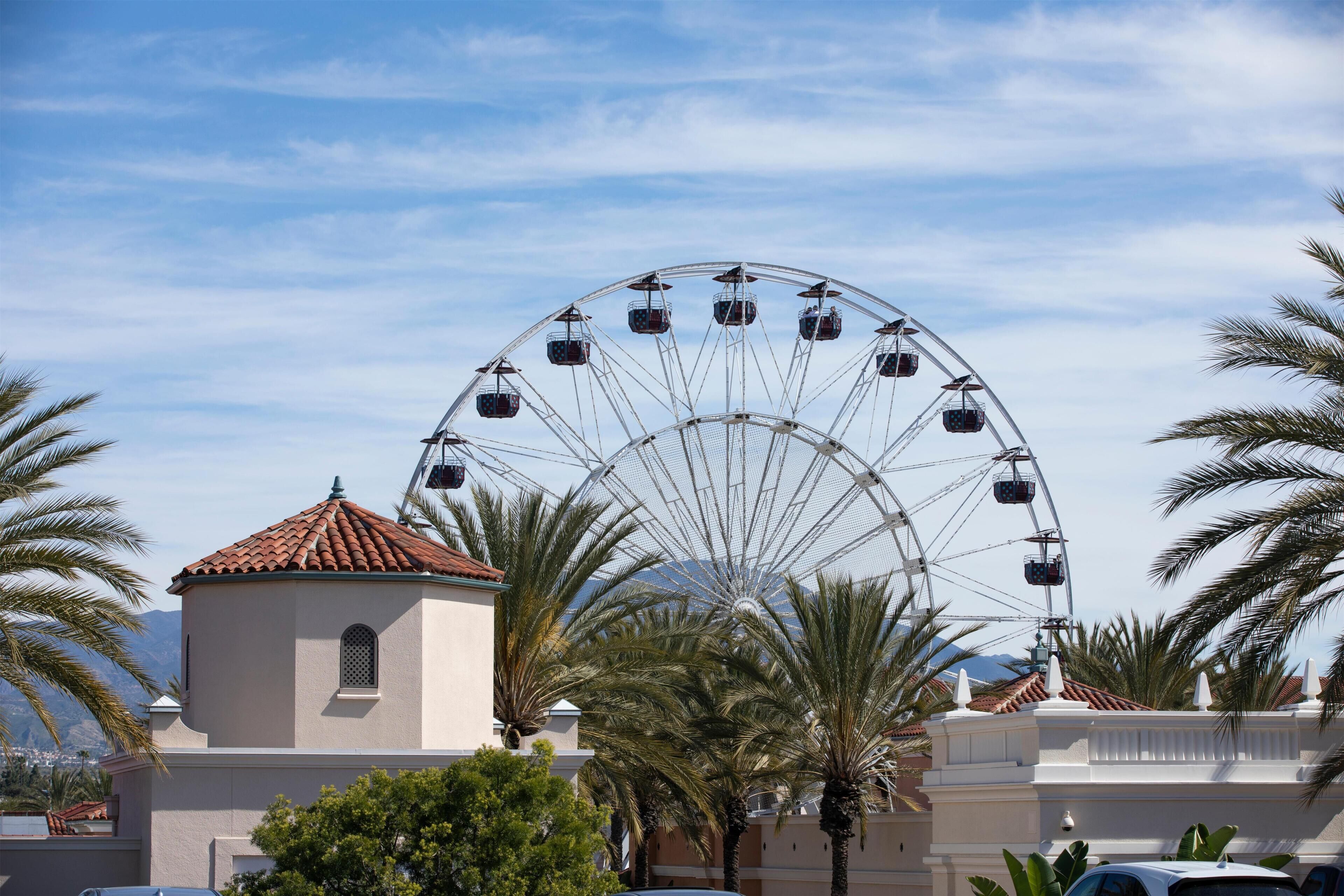 A Ferris wheel, palm trees, and a building with a red-tiled roof.