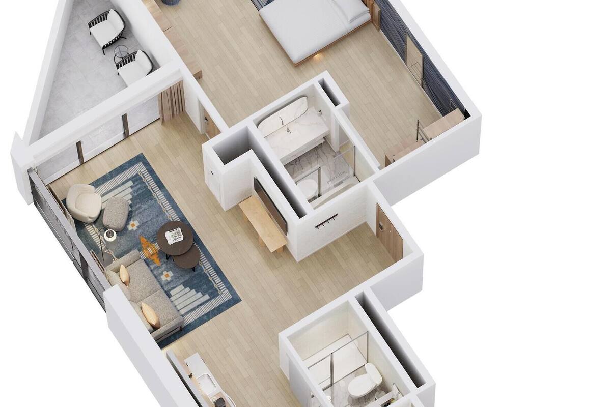 Ein 3D-Grundriss einer modernen Wohnung mit Wohnzimmer, Küche, Essbereich und zwei Schlafzimmern.