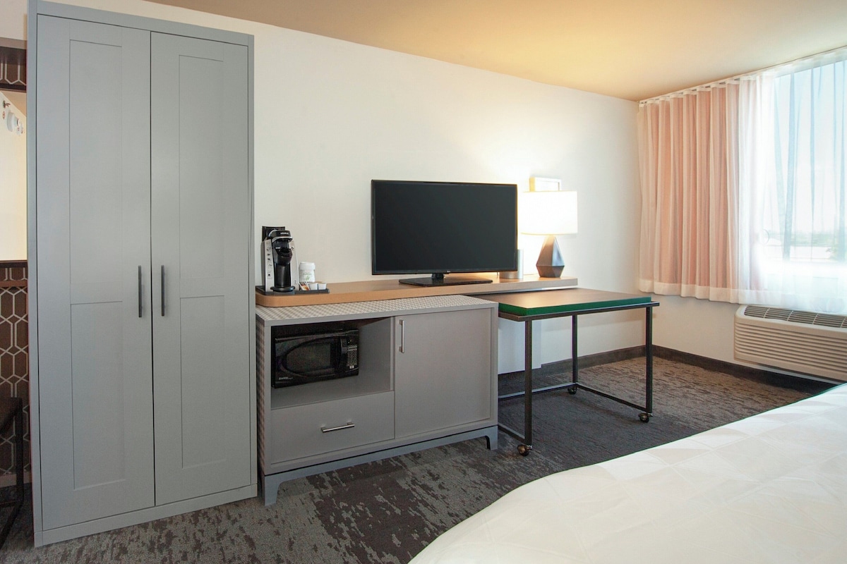 A hotel room with a bed, a desk with a flat-screen TV, a microwave, and a seating area with a patterned wall.