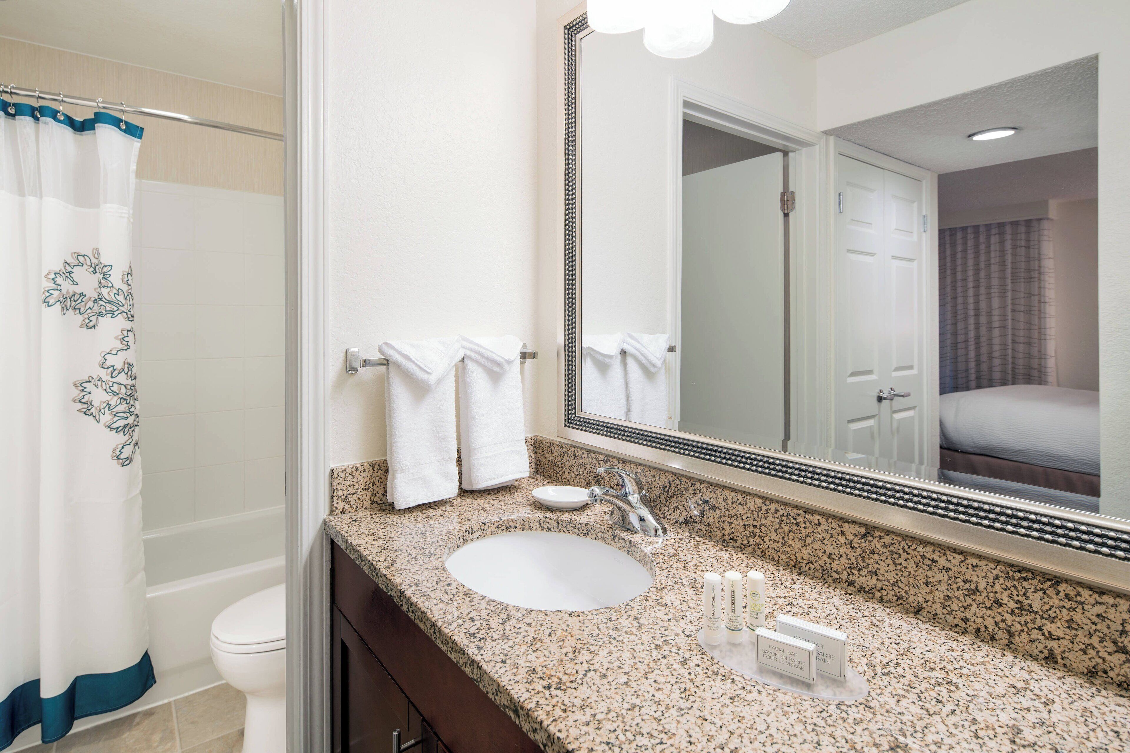 combined shower/bathtub, free toiletries, hair dryer, towels