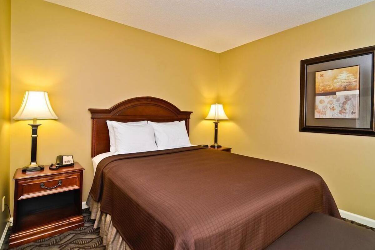 Habitación de hotel con una cama grande, dos mesitas de noche con lámparas, un tocador y un cuadro en la pared.