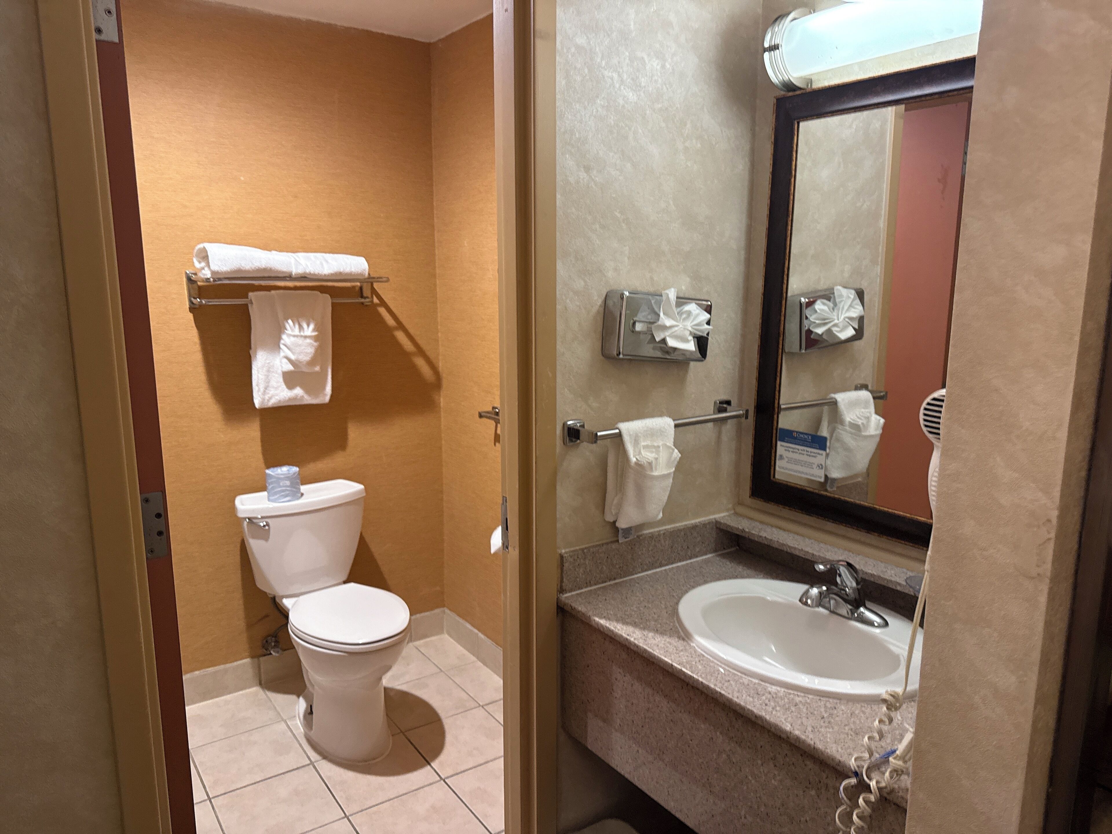 A hotel bathroom with a toilet, a sink, and a mirror.