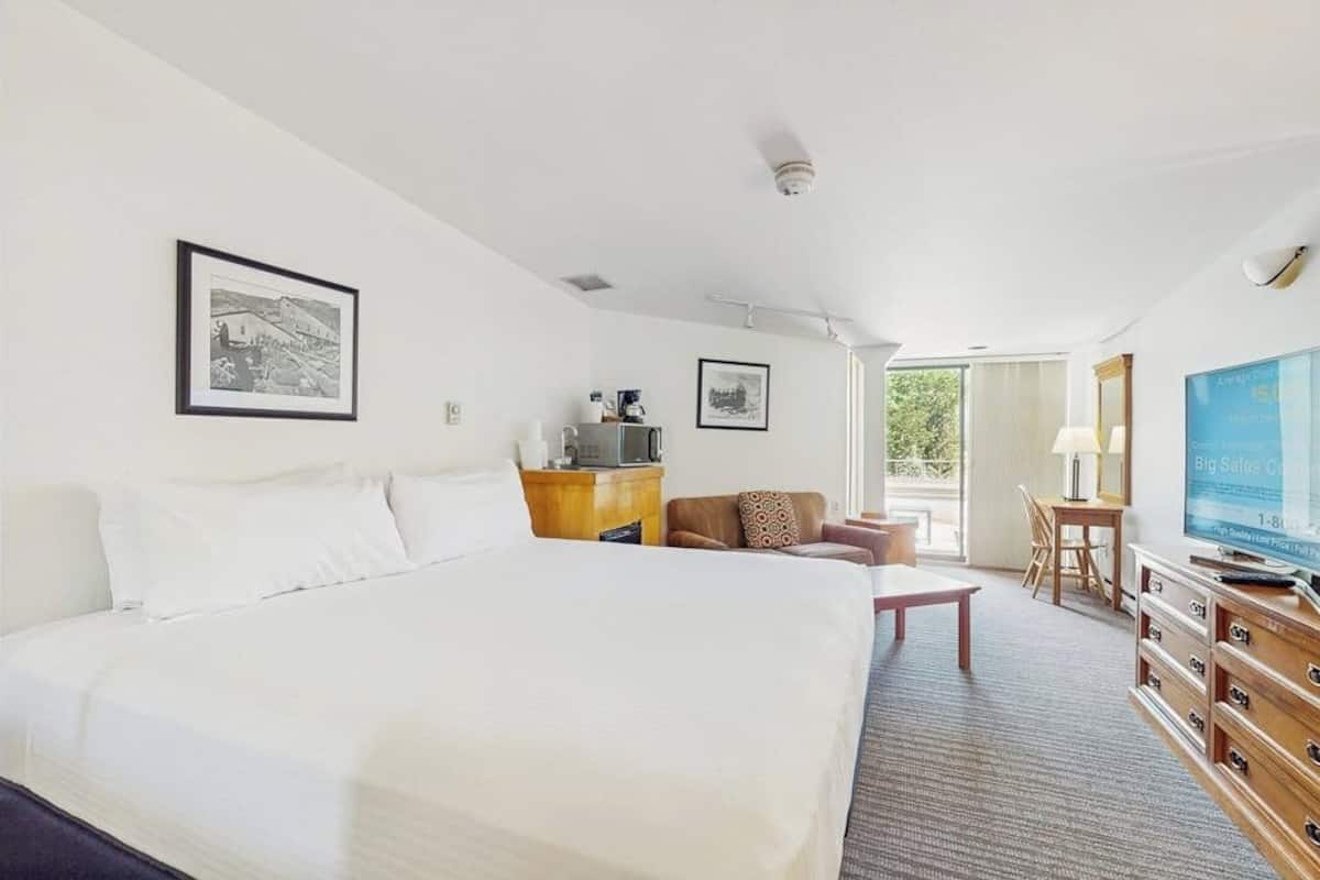 A hotel room with a large bed, a desk, a chair, a television, and two framed pictures on the wall.