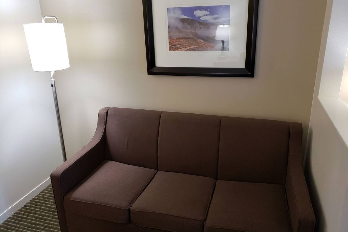 Ein braunes Sofa in einem Raum mit einem gerahmten Bild an der Wand und einer Stehlampe.