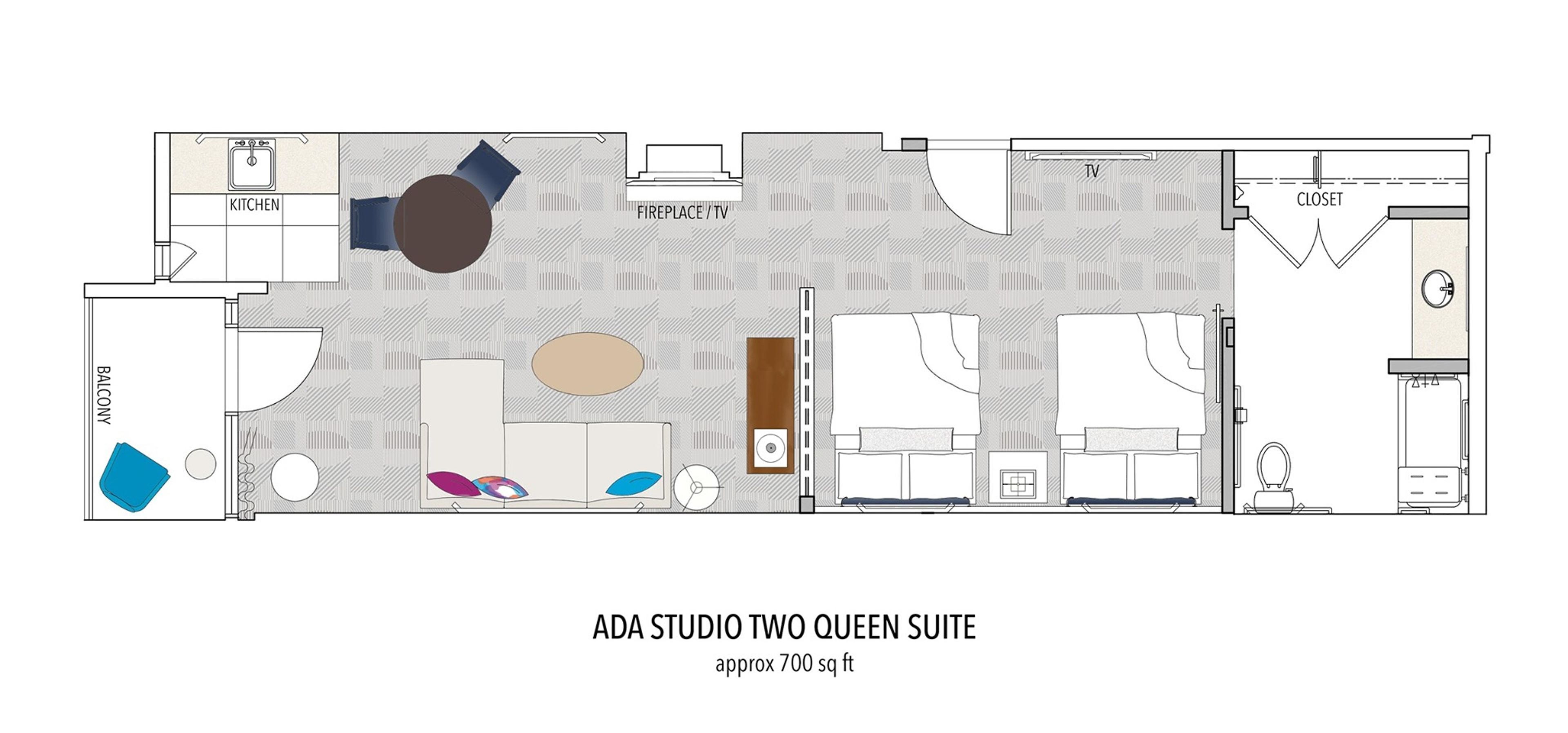 A floor plan of the ADA Studio Two Queen Suite, approximately 700 sq ft, with a kitchen, bathroom, living area, and two bedrooms.