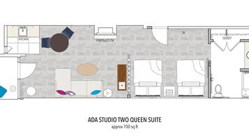 A floor plan of the ADA Studio Two Queen Suite, approximately 700 sq ft, with a kitchen, bathroom, living area, and two bedrooms.