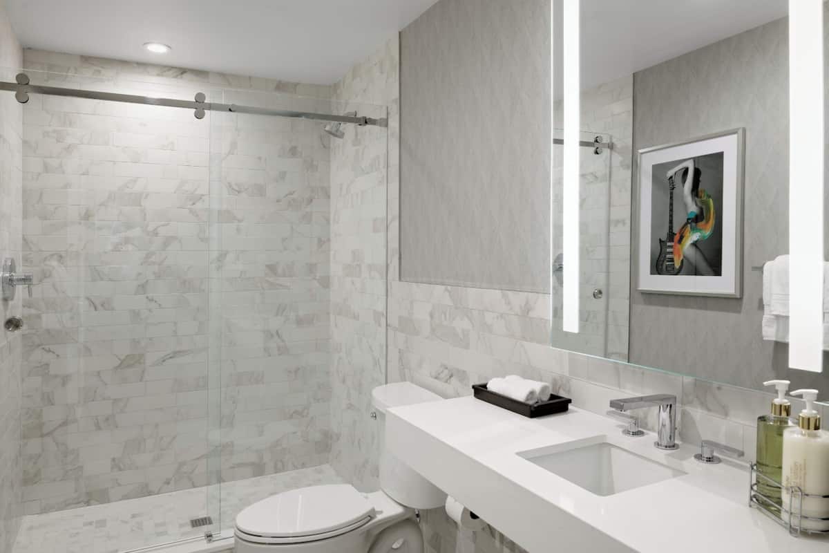 combined shower/bathtub, designer toiletries, hair dryer, bathrobes