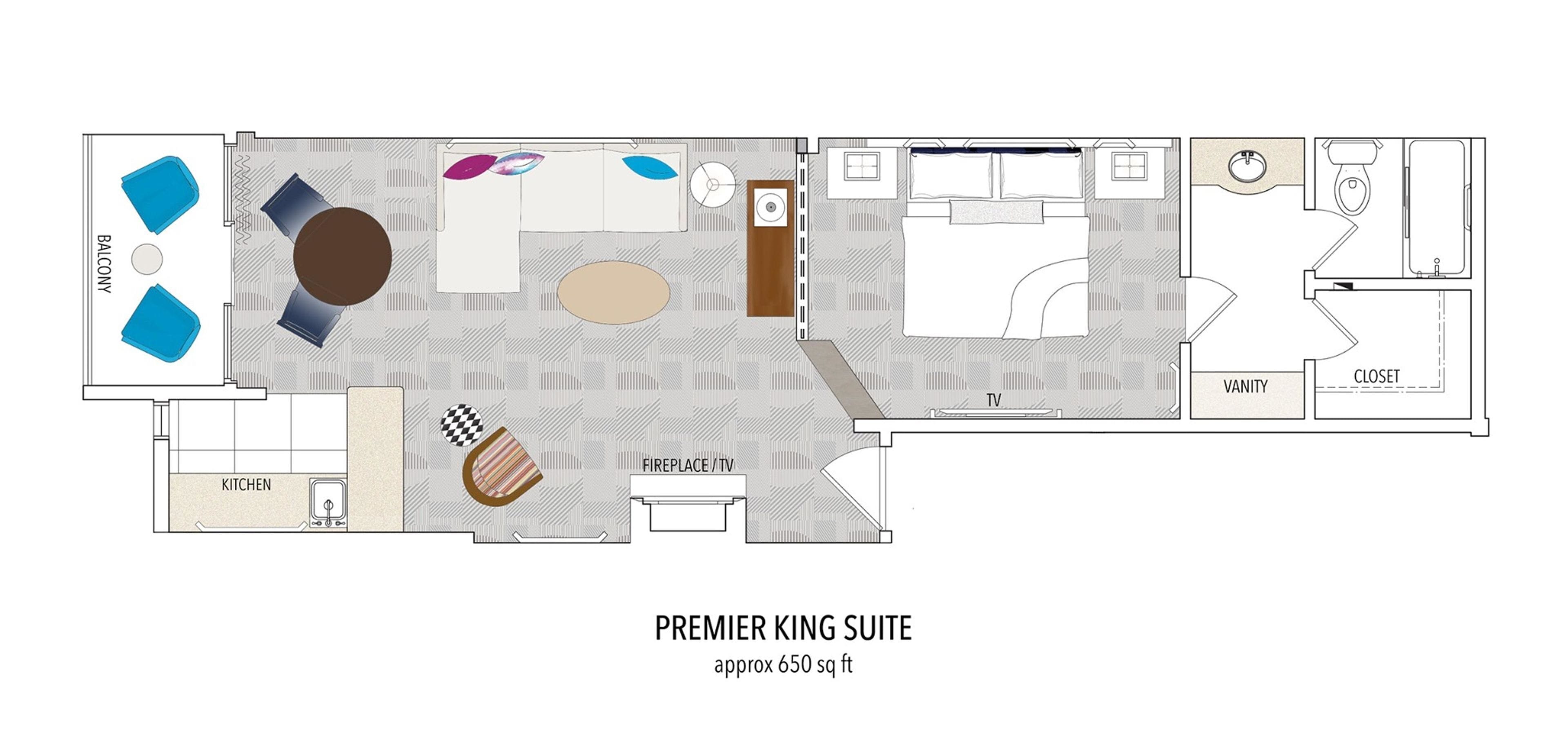 A floor plan of a Premier King Suite with a balcony, kitchen, fireplace, TV, vanity, and closet.